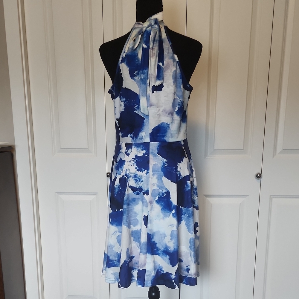 Blue Watercolor Flower Print Halter Midi Dress